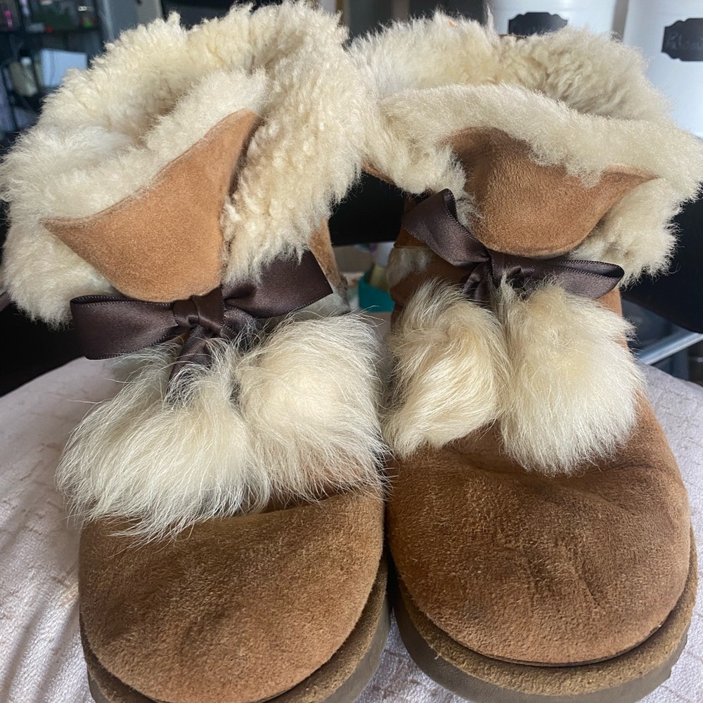 UGG Tan Ankle Boots with Fur Trim